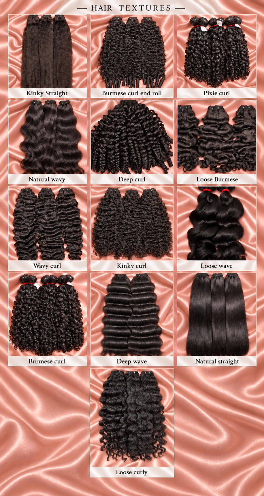 Hair texture chart showing 13 textures including Loose curly on rose champagne satin
