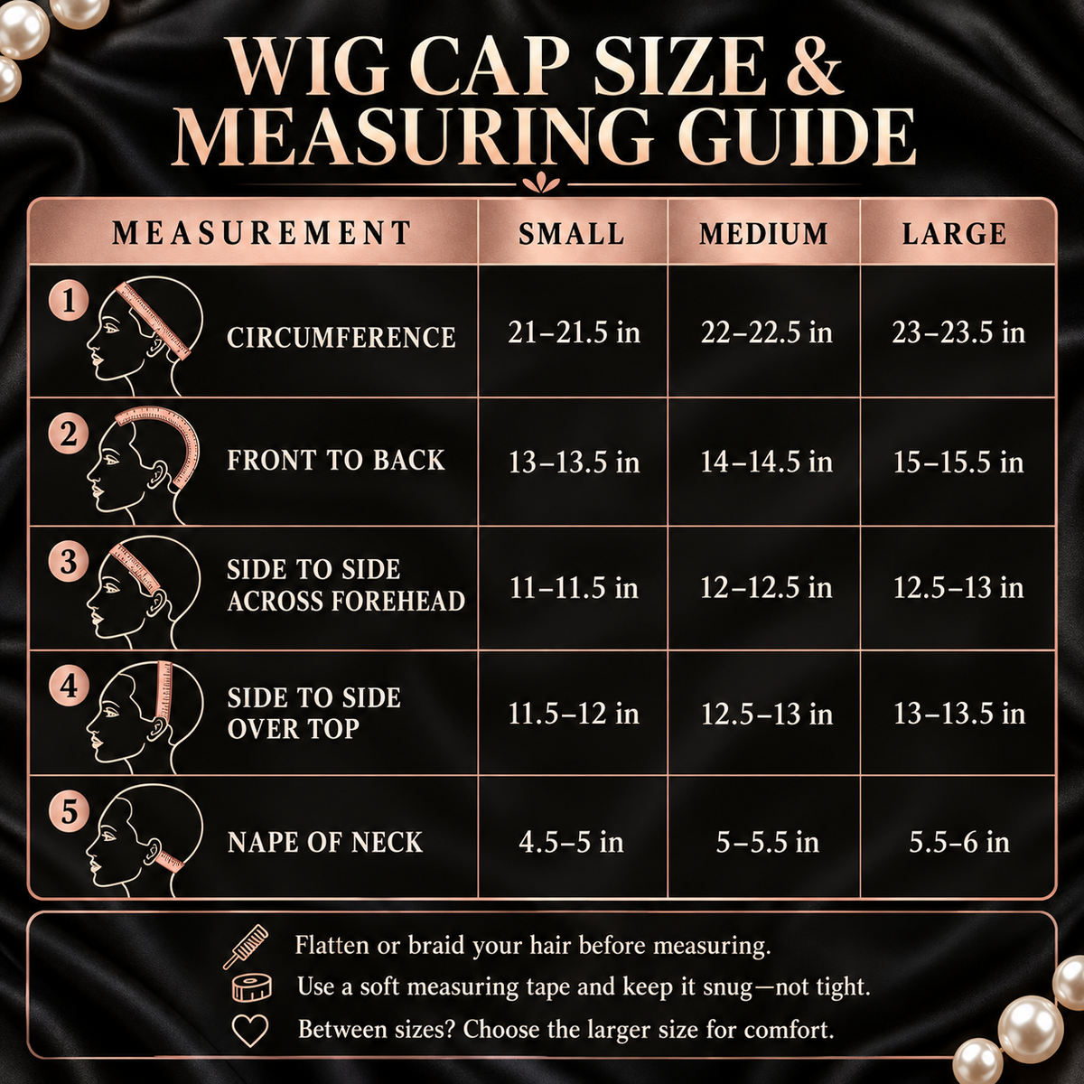 Wig cap size and measuring guide for small, medium and large wig caps