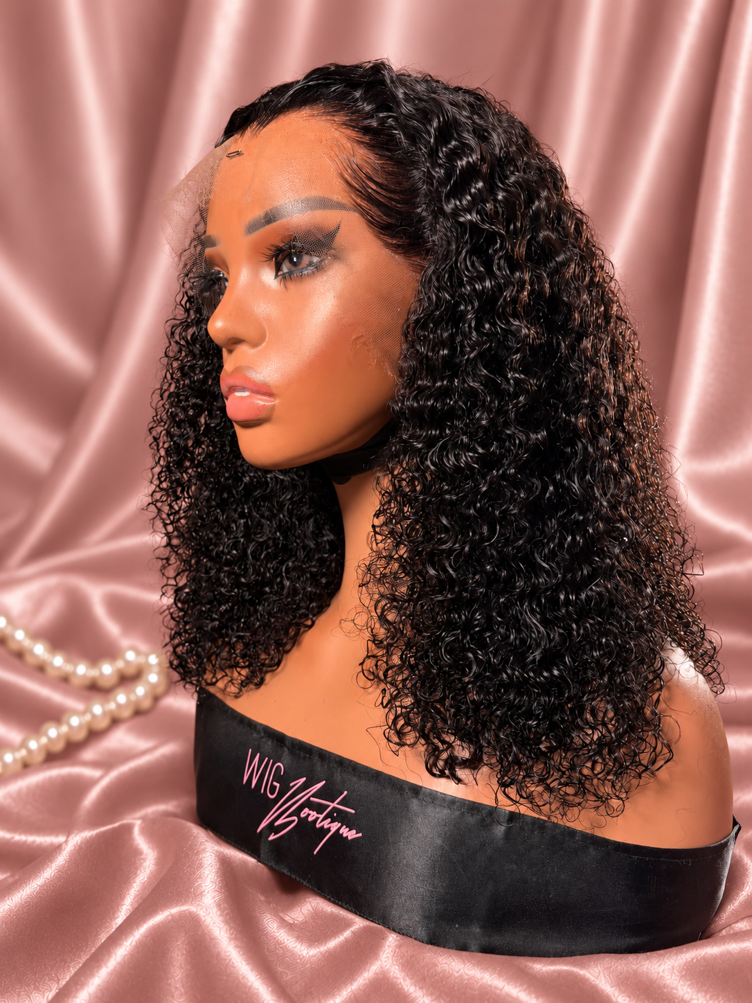 13x4 Curly Bob (On Hand), photo 2, on rose-champagne satin with ivory pearls