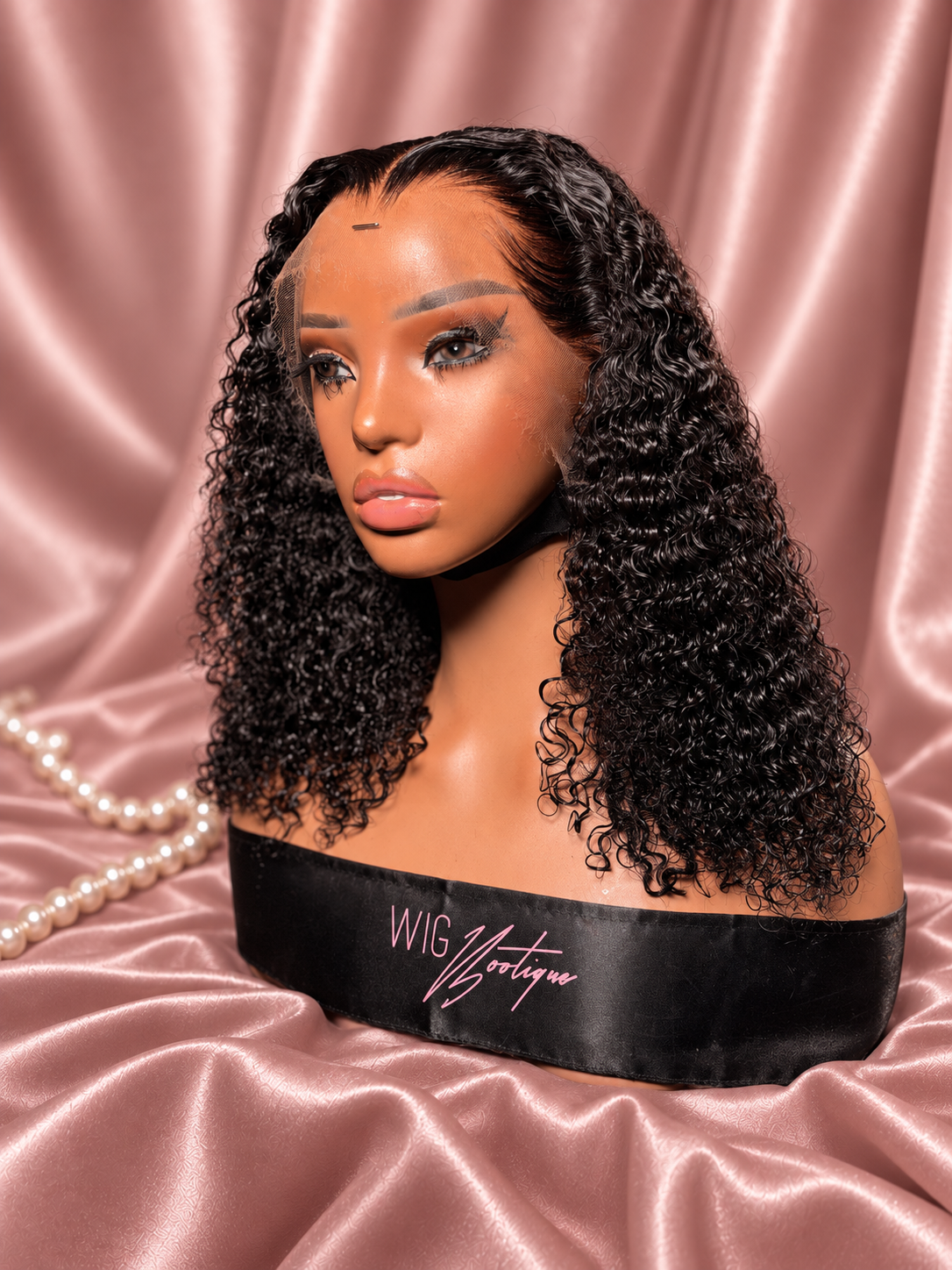 13x4 Curly Bob (On Hand), photo 4, on rose-champagne satin with ivory pearls