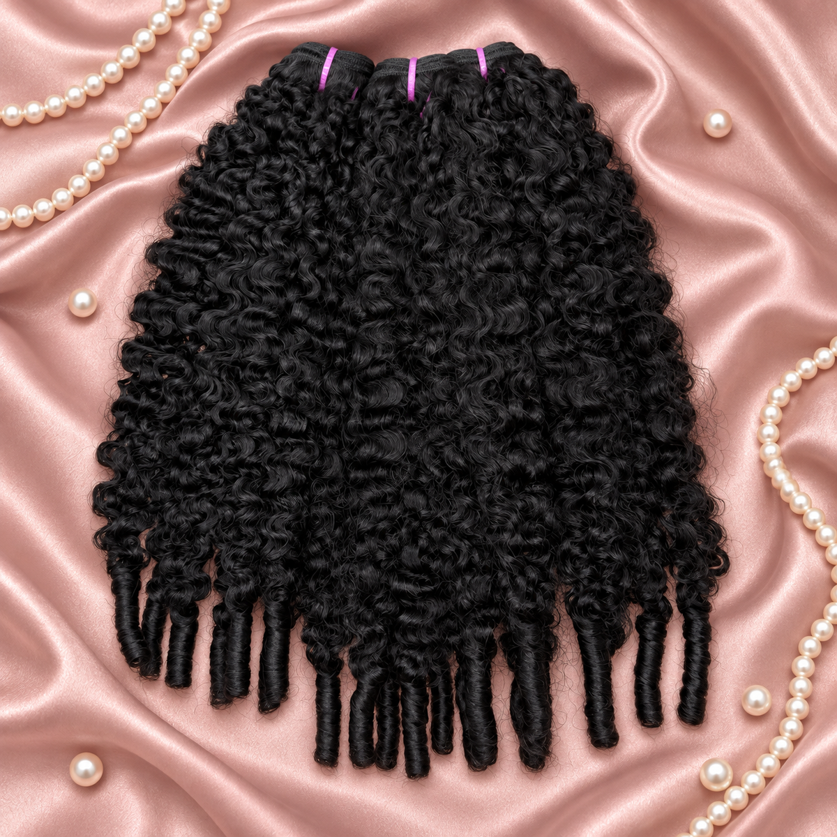 Affordable Virgin Fancy Curl bundles on rose-champagne satin with ivory pearls