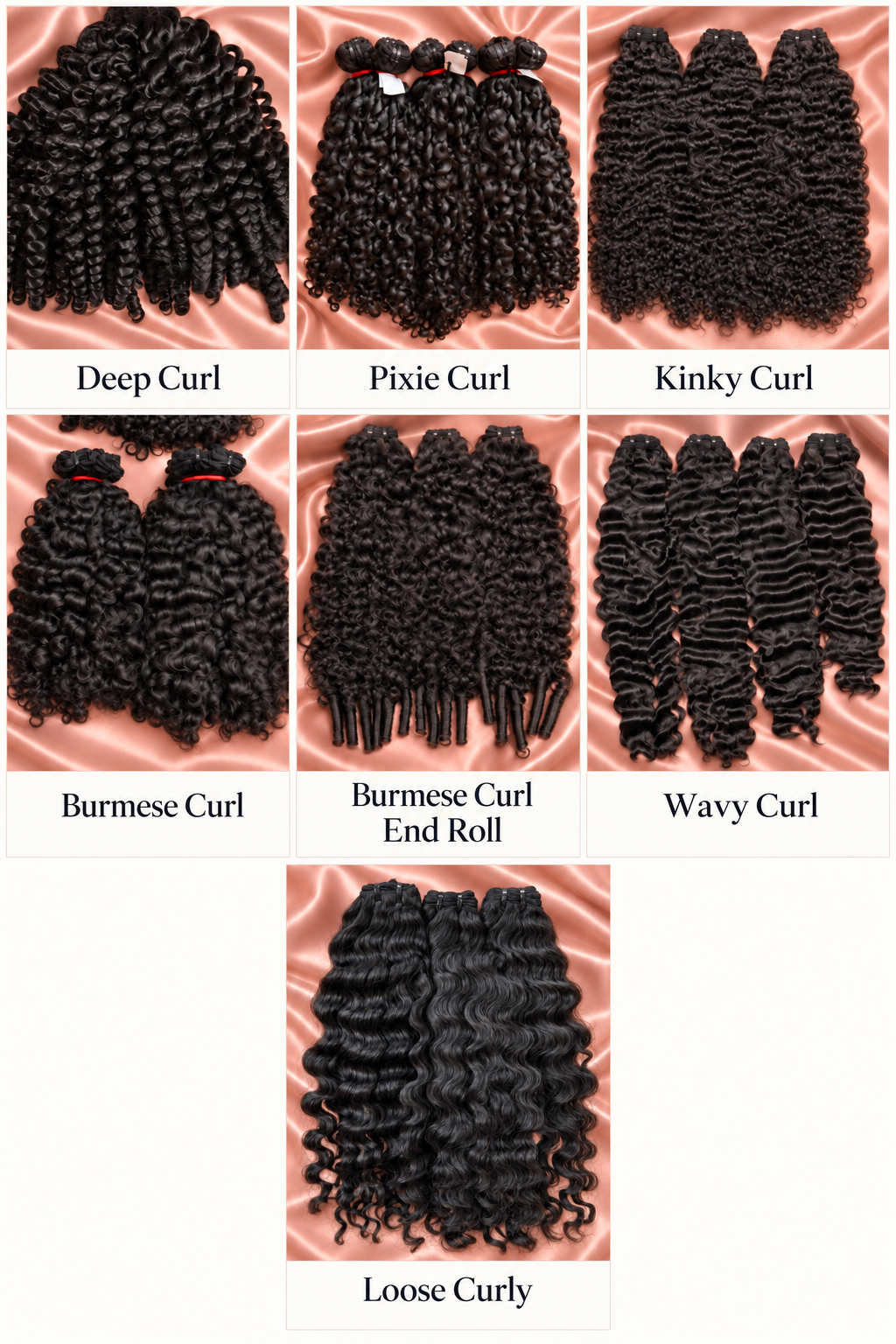 Seven curly hair textures: Deep Curl, Pixie Curl, Kinky Curl, Burmese Curl, Burmese Curl End Roll, Wavy Curl and Loose Curly