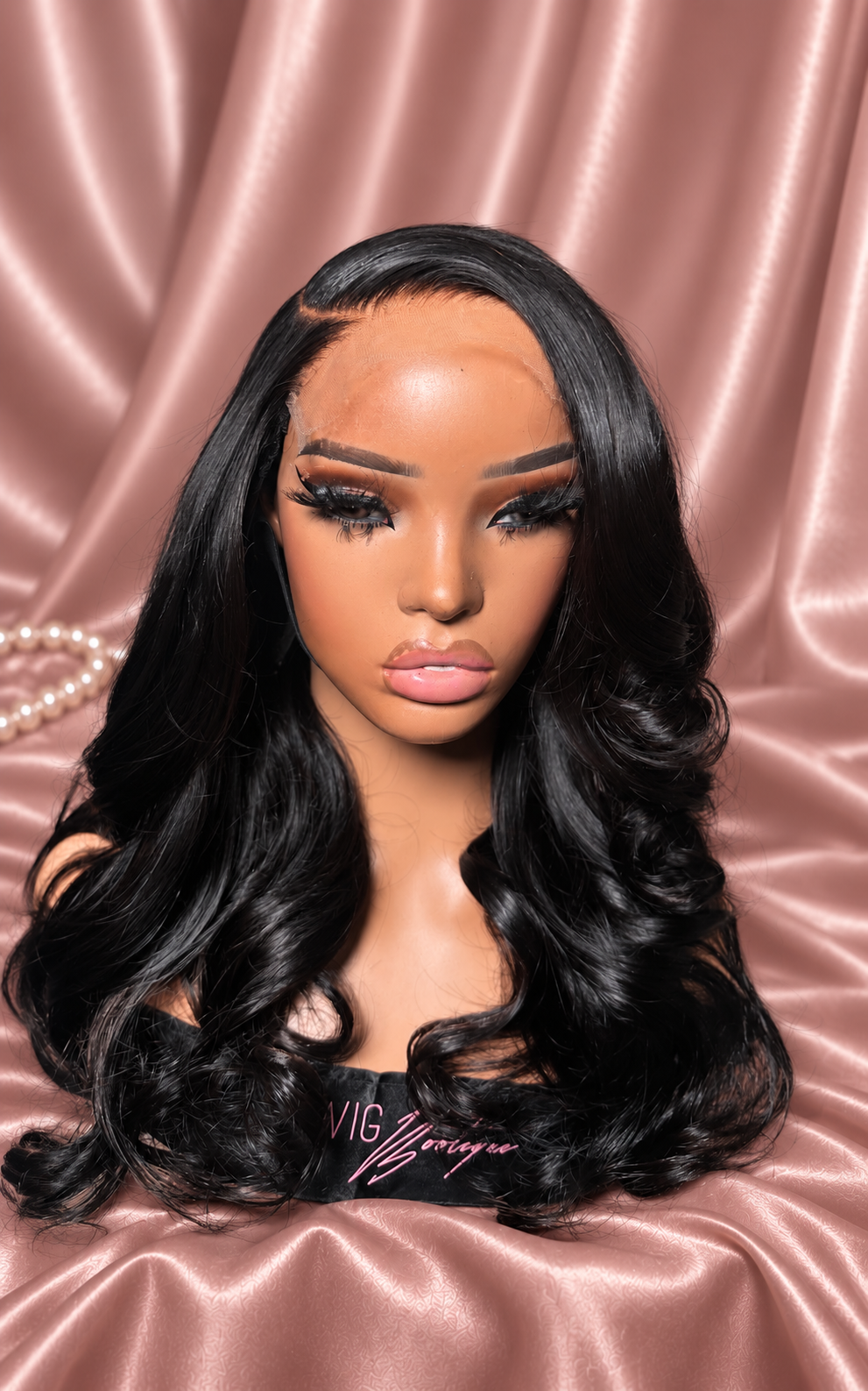 Jocelyn wig, photo 2, on rose-champagne satin with ivory pearls