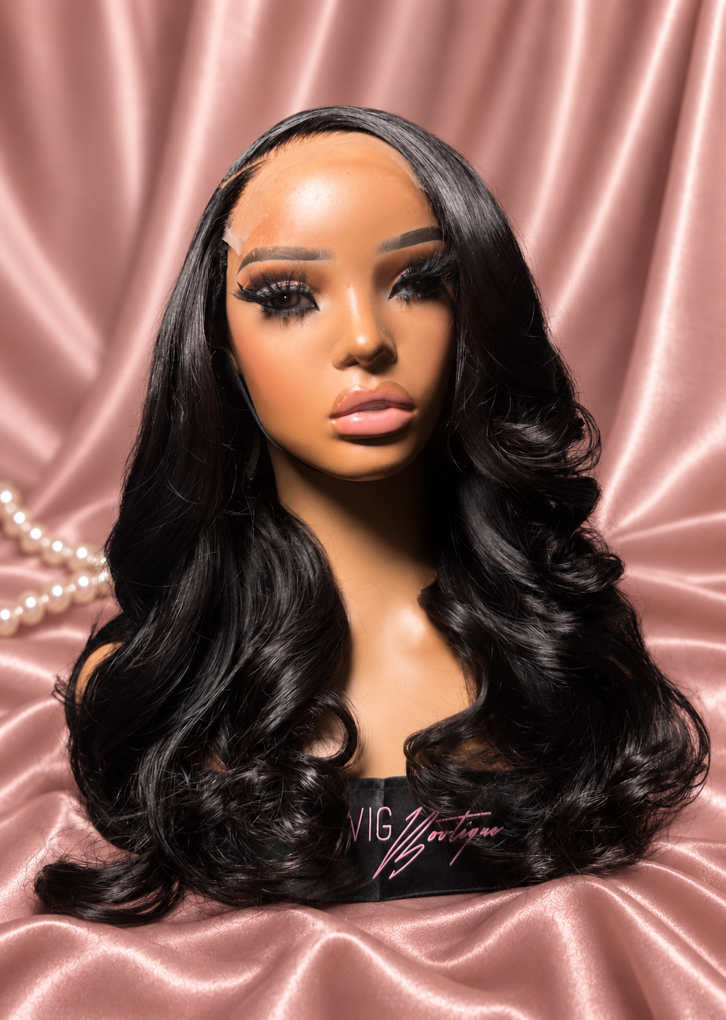 Jocelyn wig, photo 3, on rose-champagne satin with ivory pearls