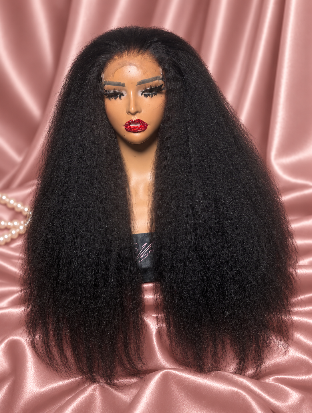 Kinky Straight wig with full natural texture on rose satin