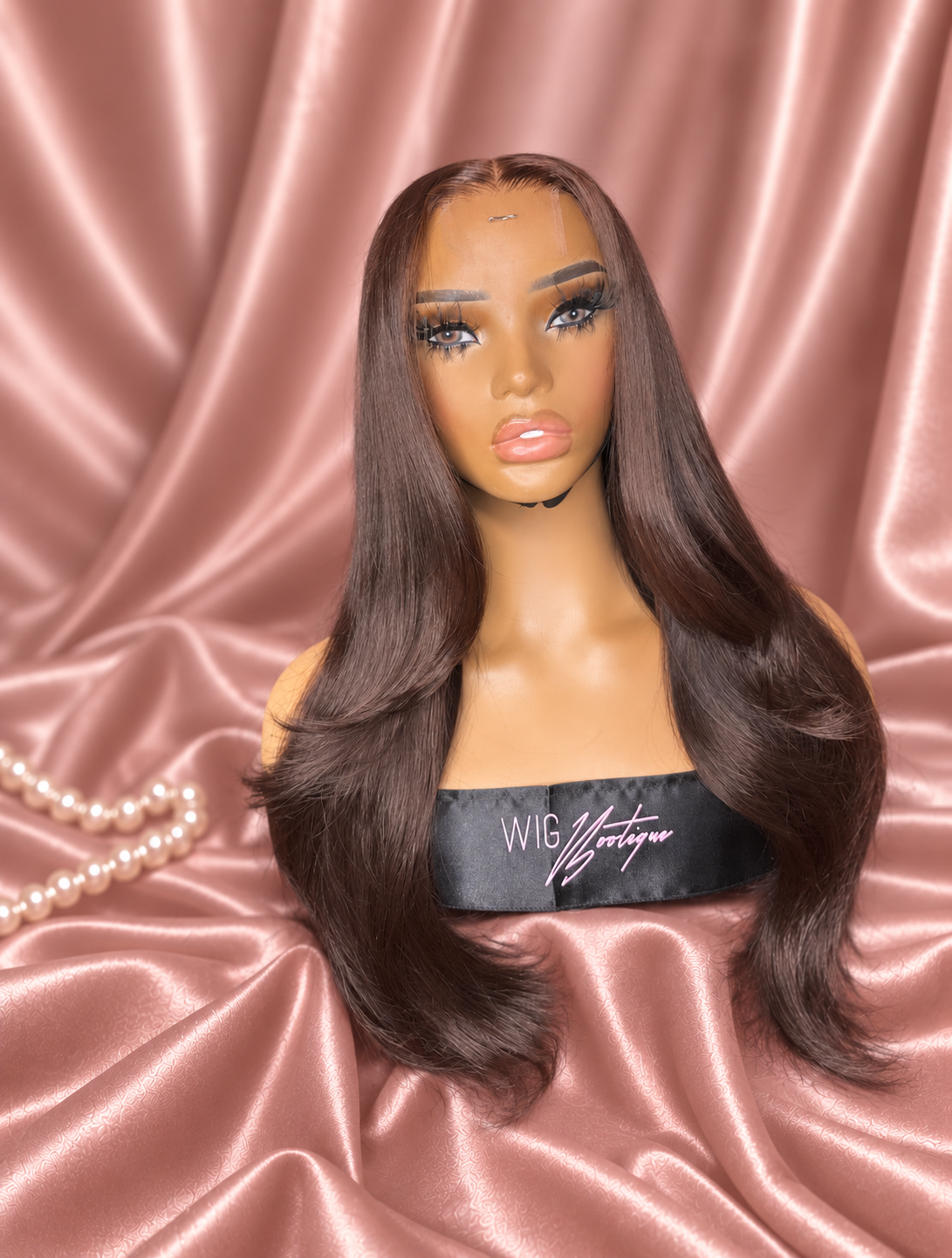 Trina chocolate brown wig on rose satin, view 2
