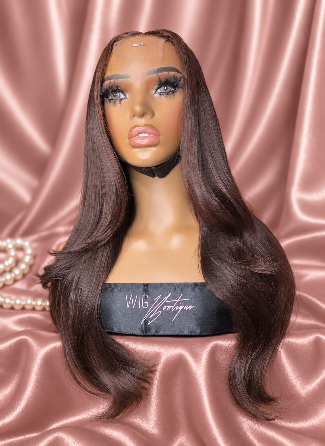 Trina chocolate brown wig on rose satin, view 4