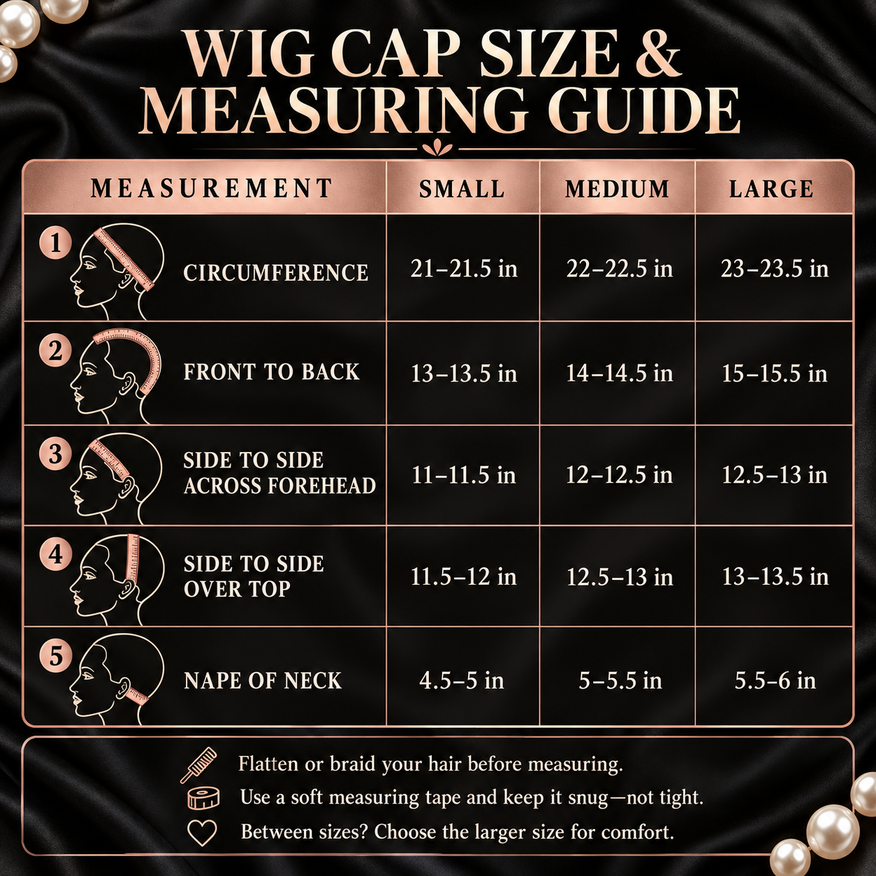 Wig cap size and measuring guide for small, medium and large wig caps